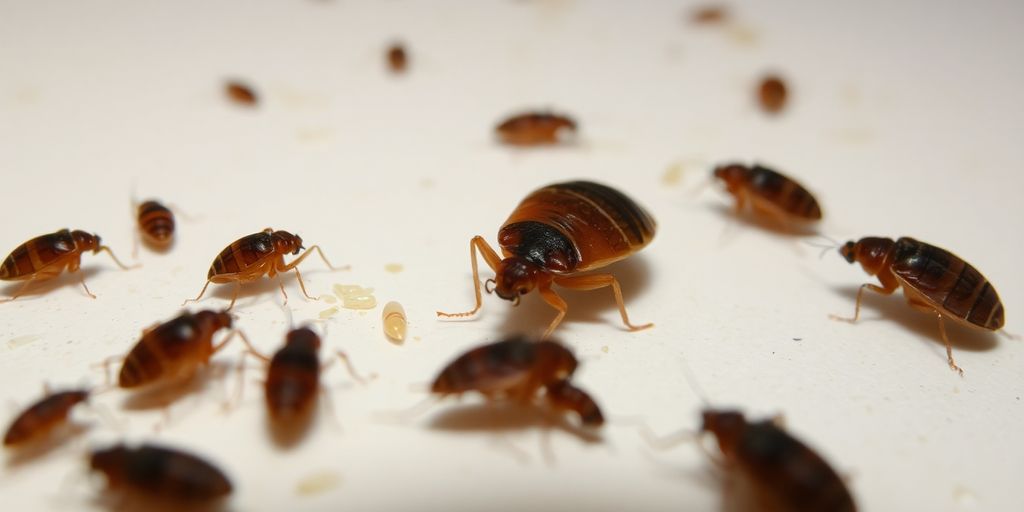 Close-up of bed bugs and fleas on a surface.