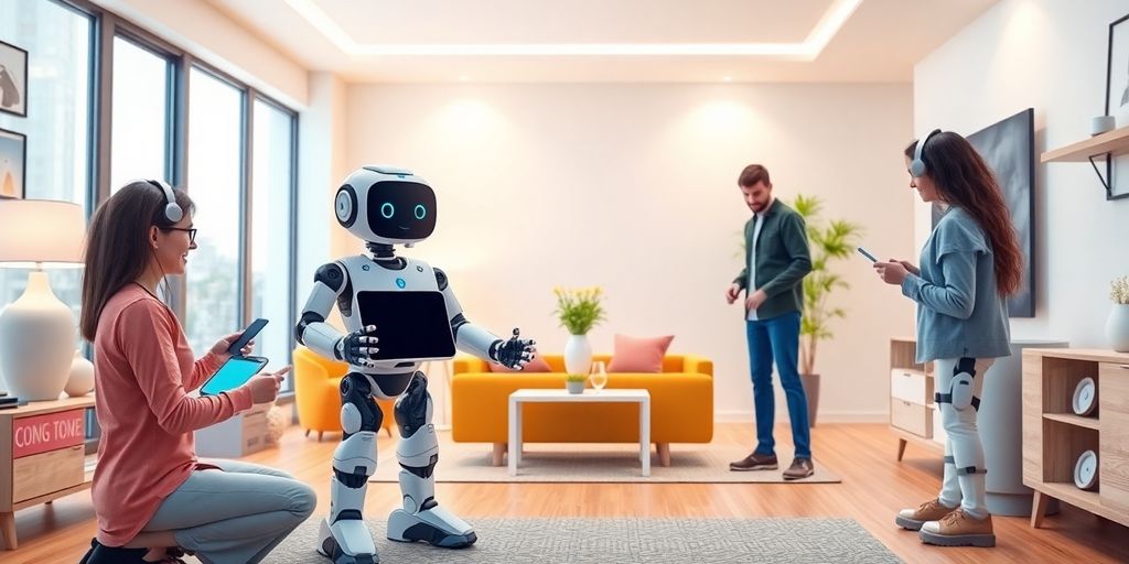 Robotic assistant helping users in a modern home.