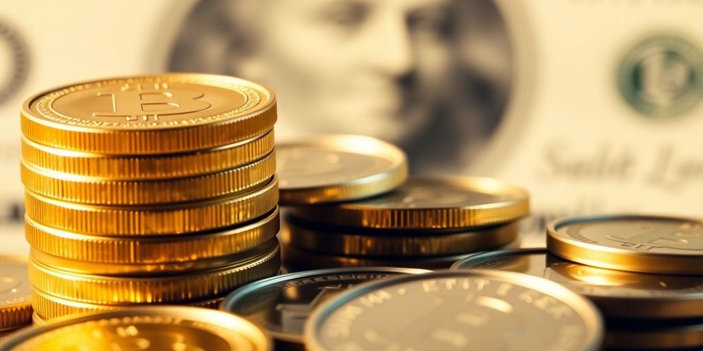 Pièces d'or et d'argent empilées sur un fond flou.