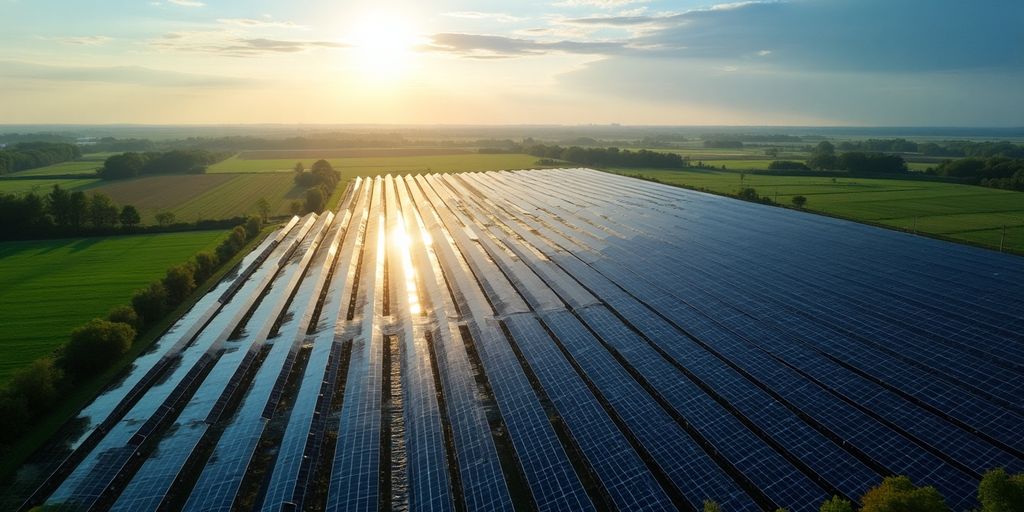 Aerial view of a solar panel field under sunlight.