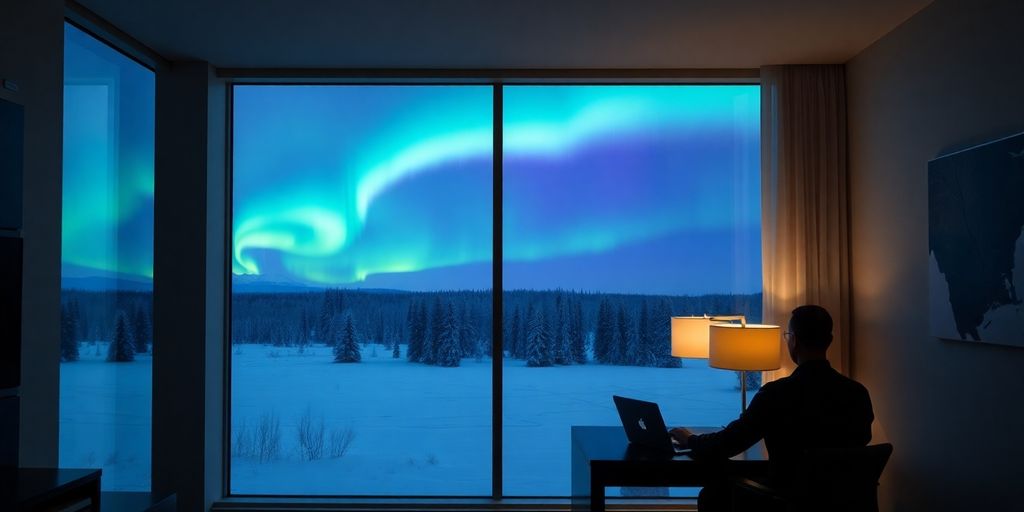 Modern hotel room in Fairbanks with view of aurora borealis.