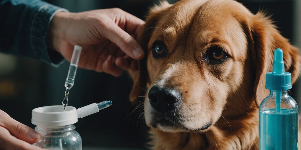 Close-up of a dog getting eye drops from a bottle.
