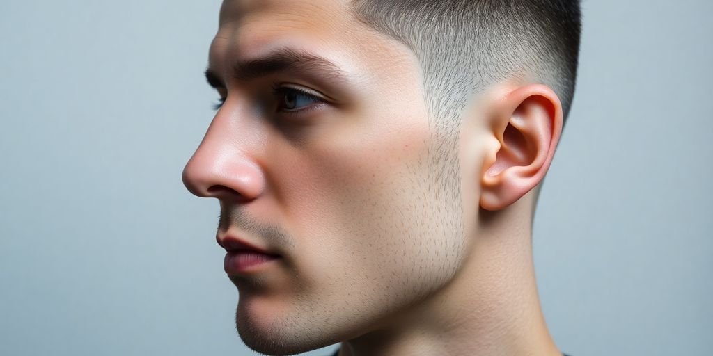 Man with a sharp low fade haircut.