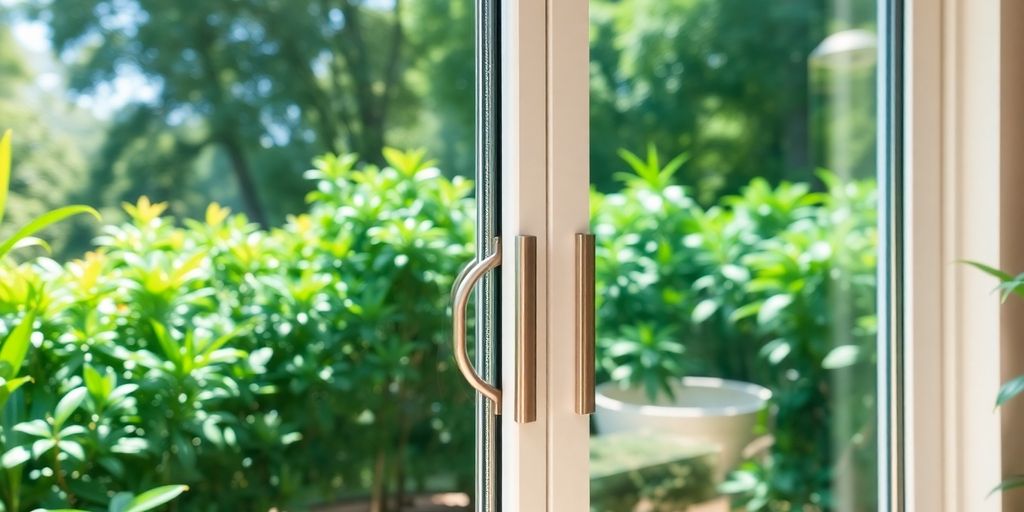 A clean sliding glass door in a garden setting.