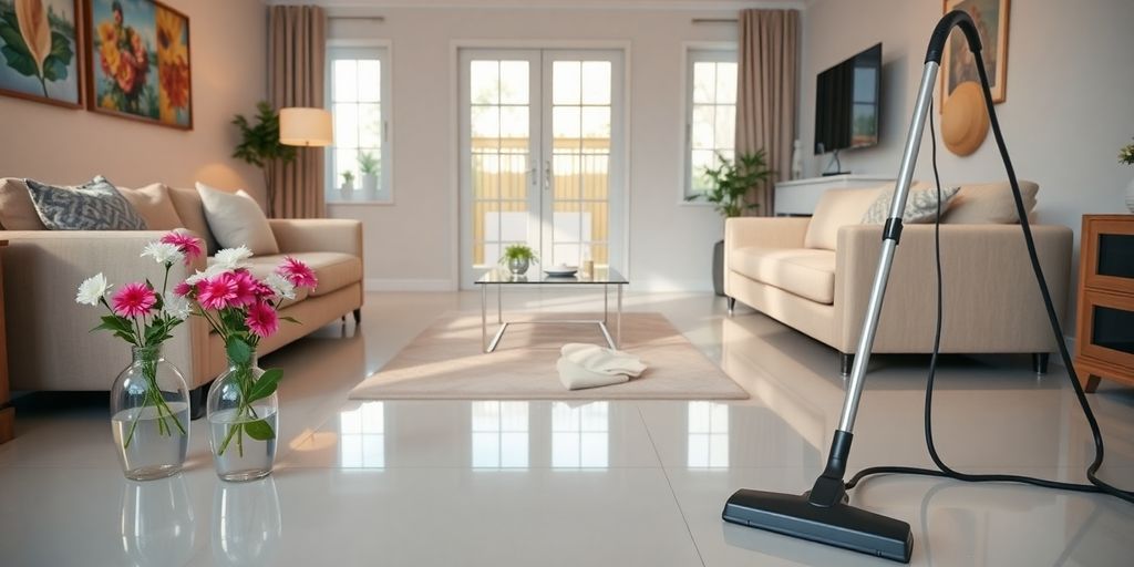 A spotless living room after a professional cleaning service.