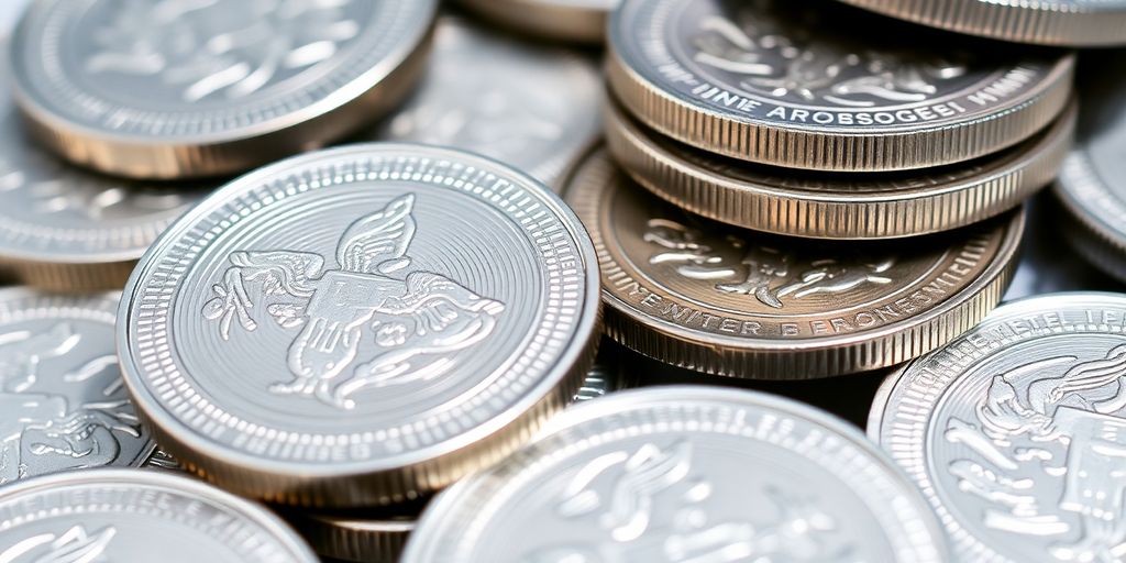 Pièces modernes en argent empilées et organisées.
