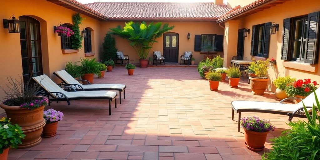 Mediterranean patio with terracotta pavers and plants.