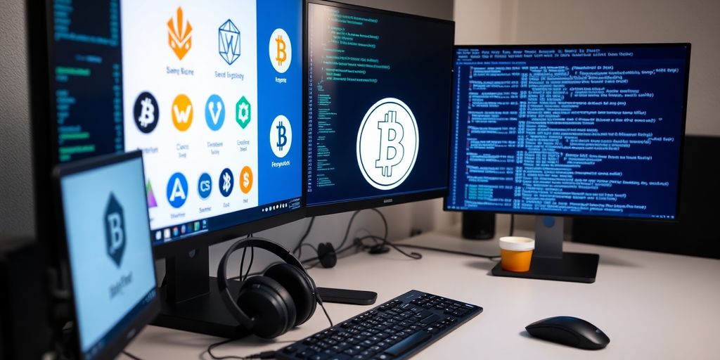 Computador moderno com telas de criptomoedas e ferramentas.