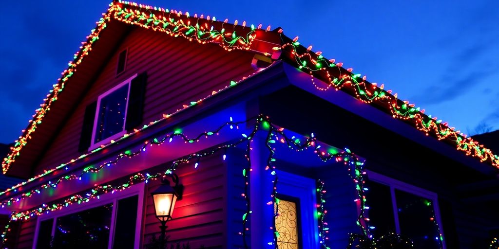Festive house with colorful Christmas lights.