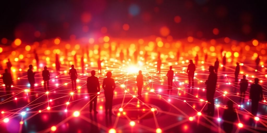 Abstract network of glowing lines connecting diverse people.