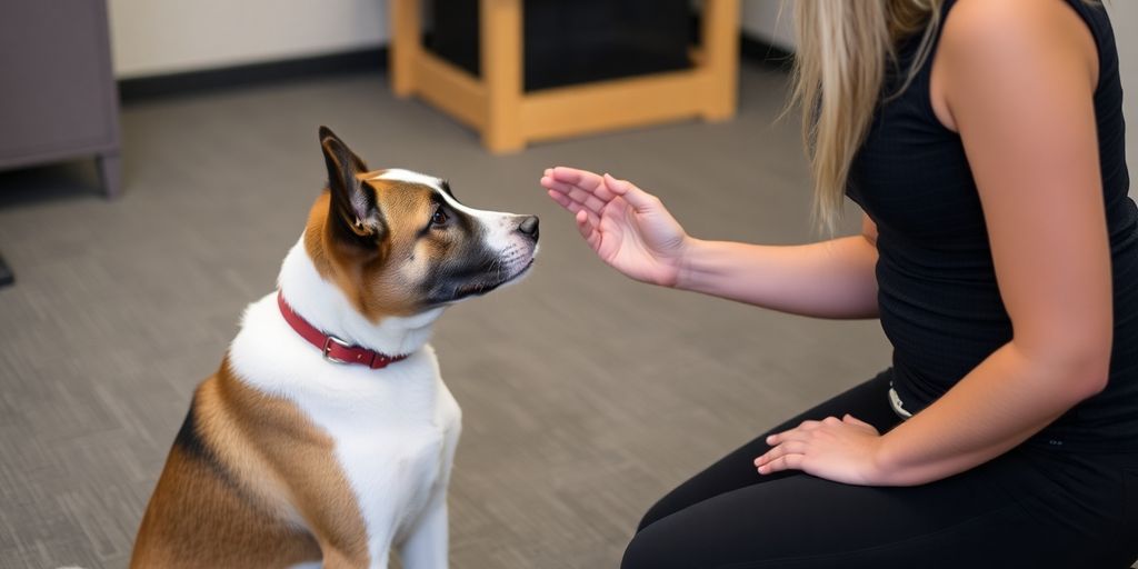 Dog learning commands with a trainer.