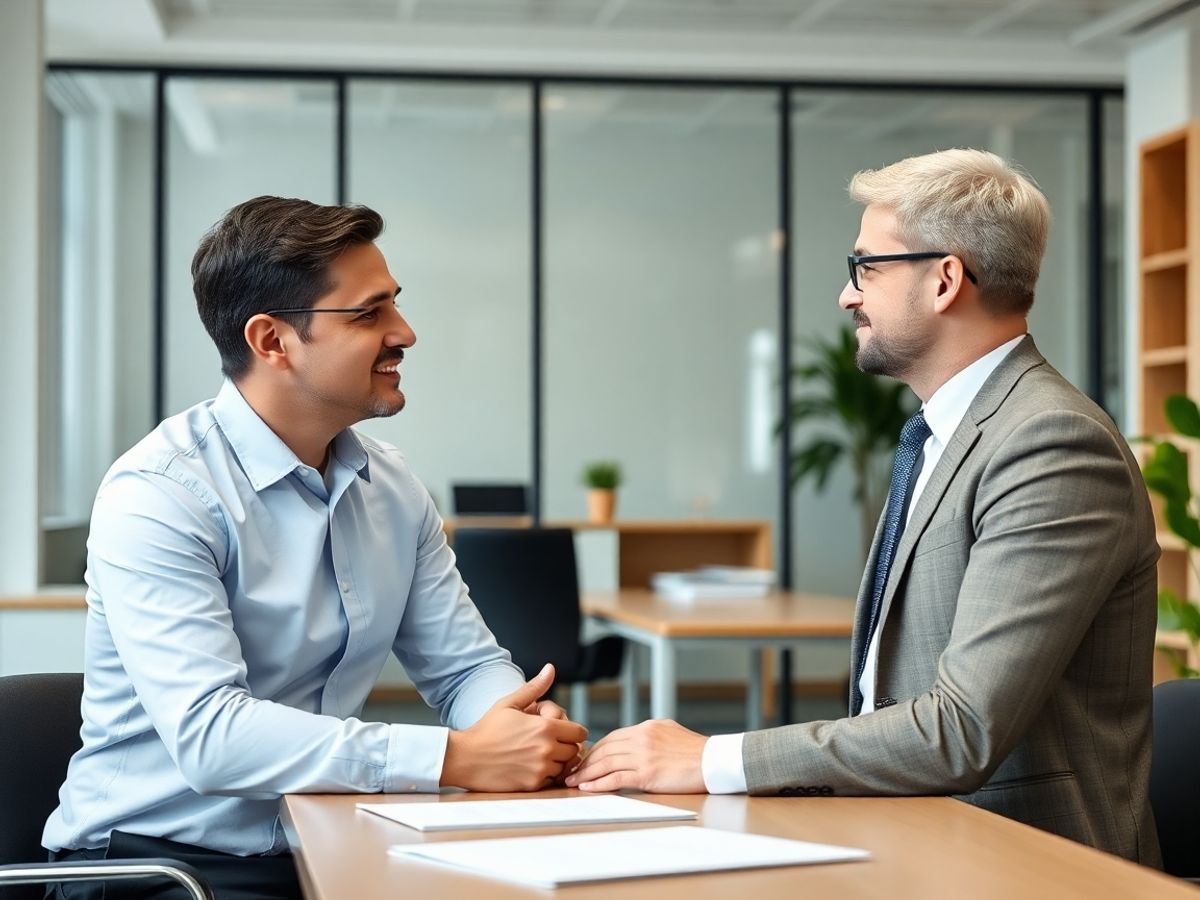 Avocat discutând cu un client într-un birou modern.