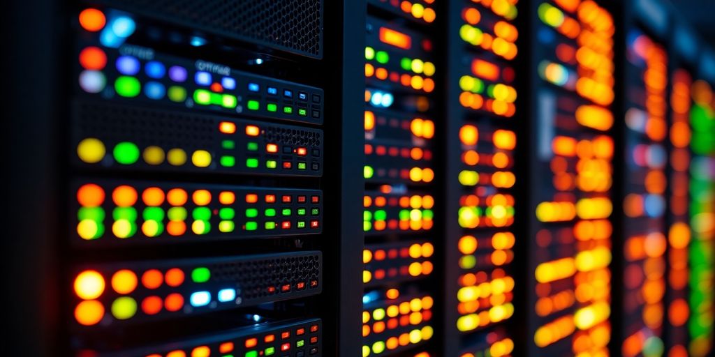 Photograph of a computer server rack with blinking lights.