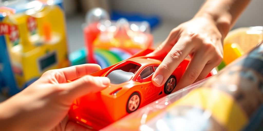 Person unboxing colorful toy car, happy expression.
