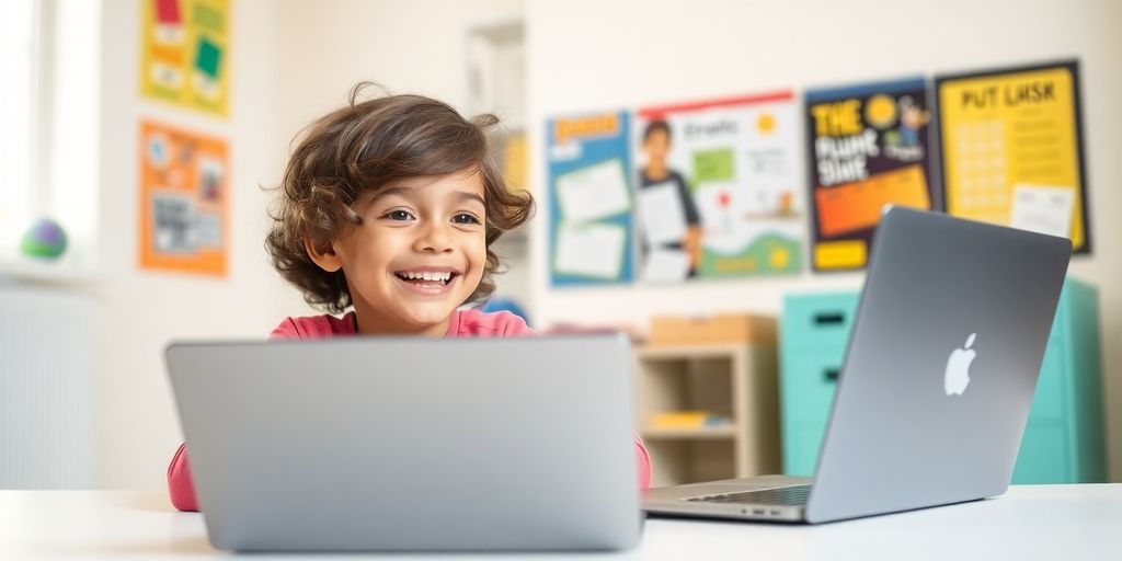 Child learning English online with a laptop and bright background.