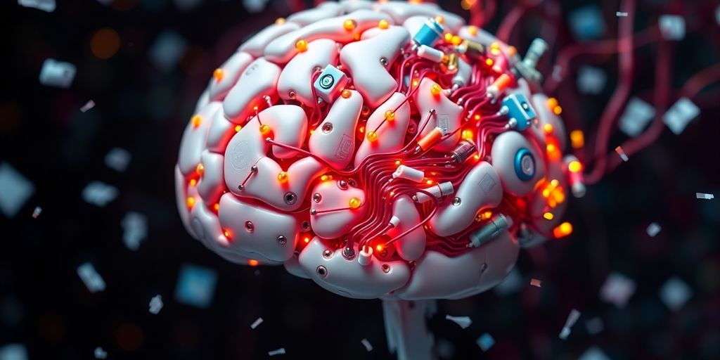 Close-up of a robotic brain with colorful circuits.
