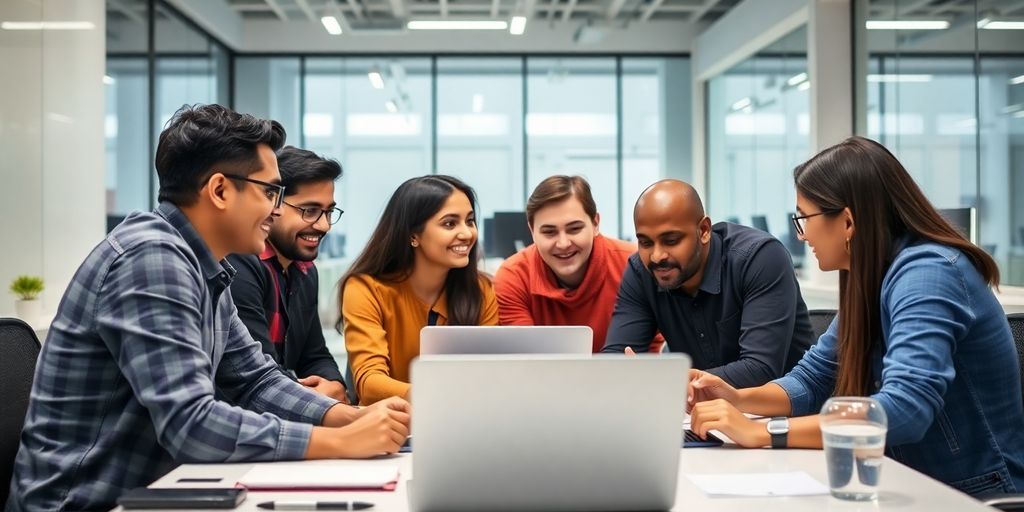 Diverse IT team collaborating in a modern office setting.