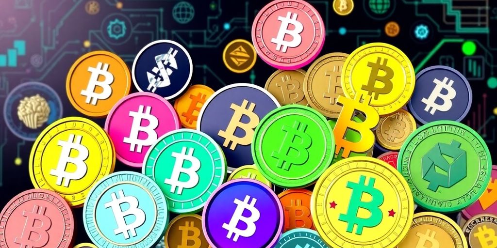 Colorful cryptocurrency coins arranged in a dynamic collage.