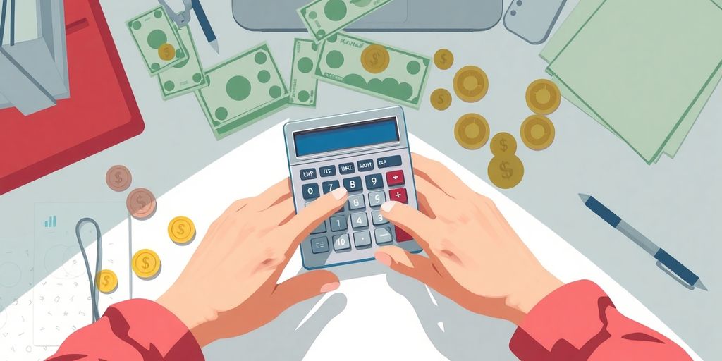 Calculator, bills, and coins on a desk.