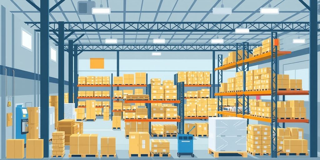 Illustration of an organized warehouse with storage and shipping areas.