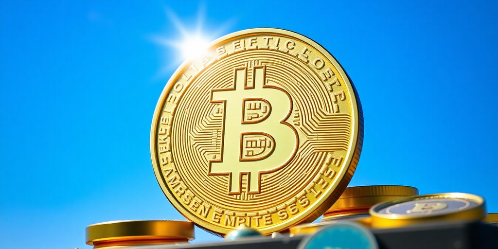 5 best crypto to buy right now under $1 3 Bitcoin coin shining against a clear blue sky.
