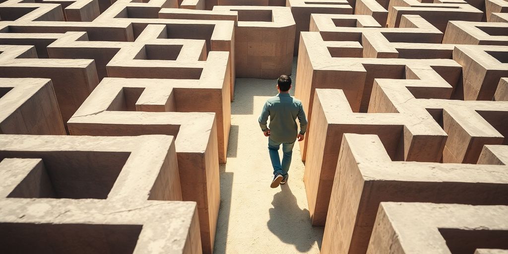 A person navigating a complex maze with a glowing path.