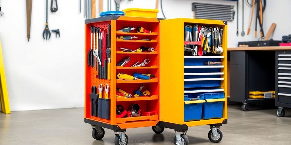 Mobile tool storage unit with organized compartments and tools.