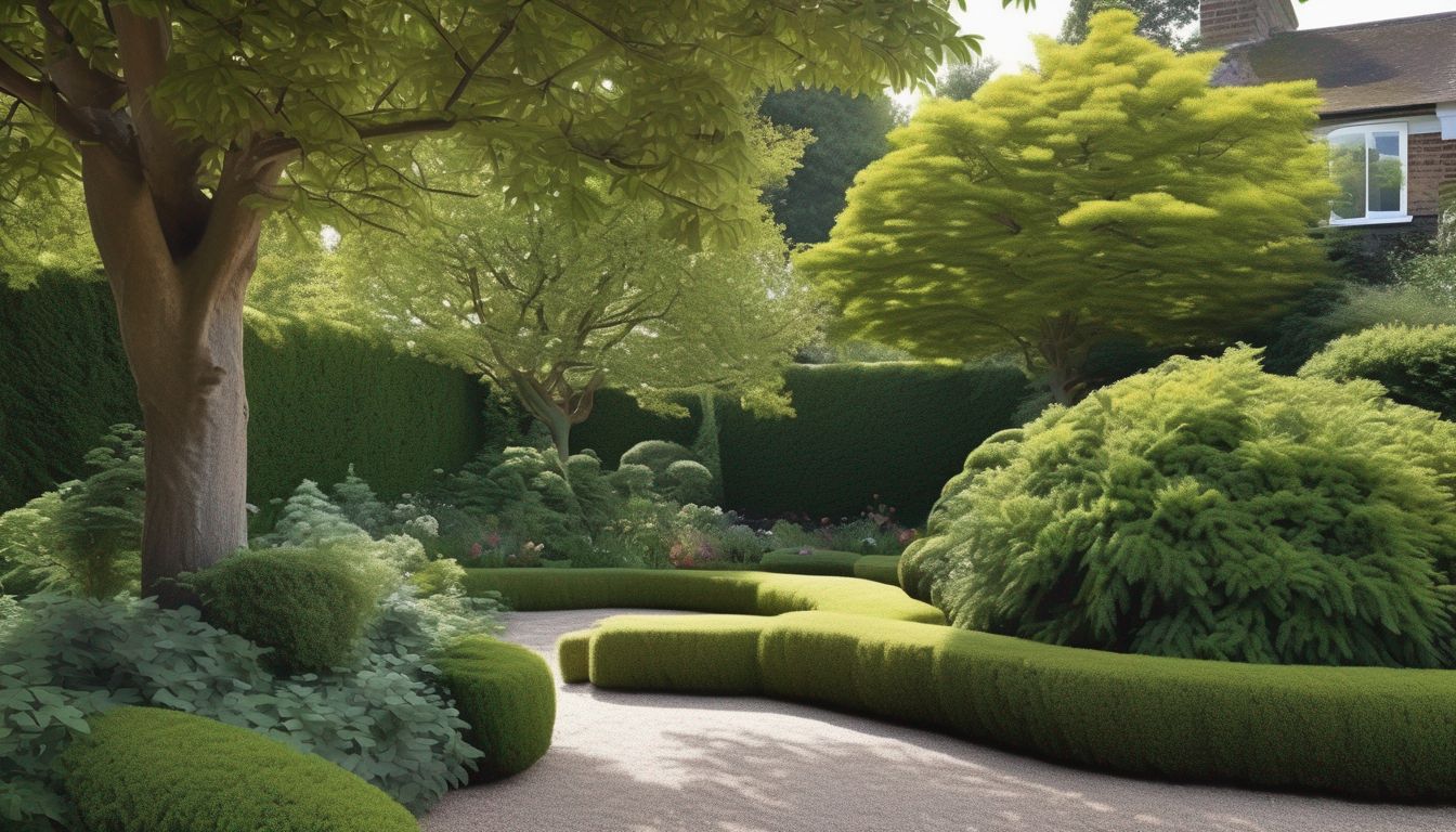 pruning evergreen and deciduous plants in a British garden