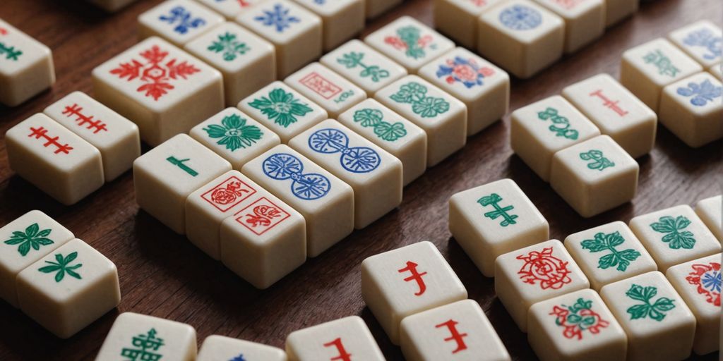 Different Mahjong tiles on a wooden table.