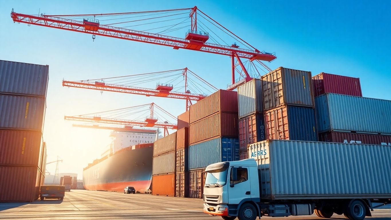 40HC shipping containers, industrial port, bright sunlight