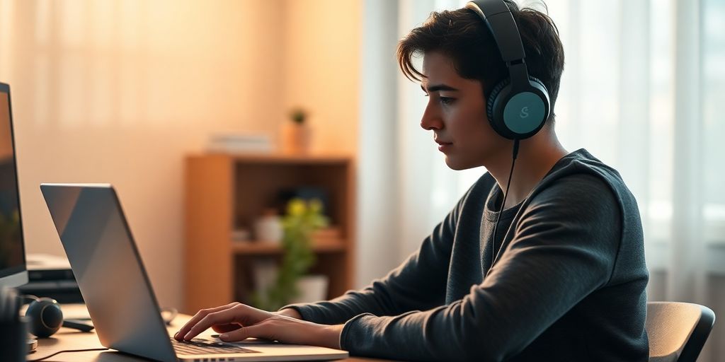 Spanish translator using a laptop with headphones.