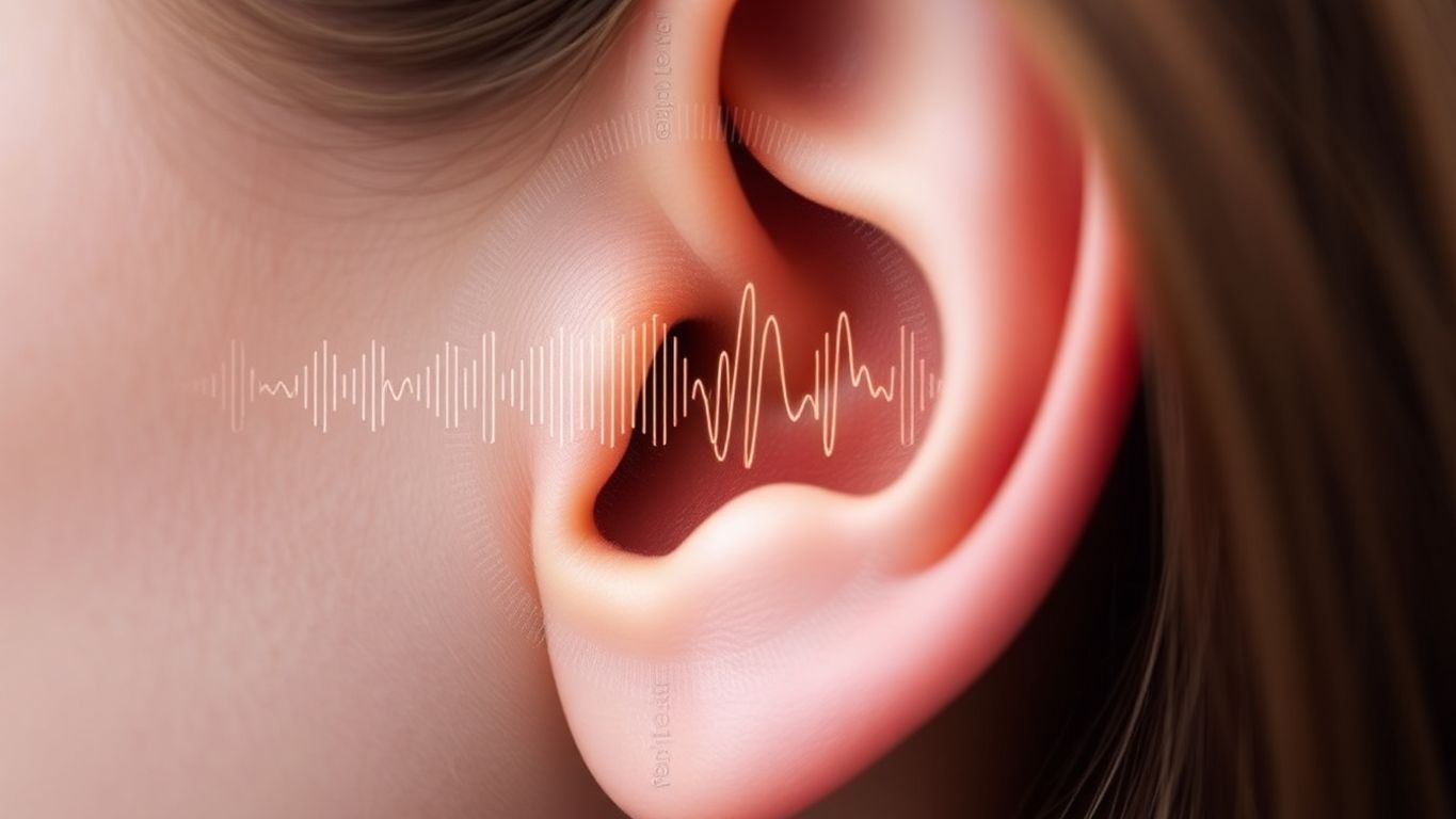 Close-up of an ear with sound wave patterns.