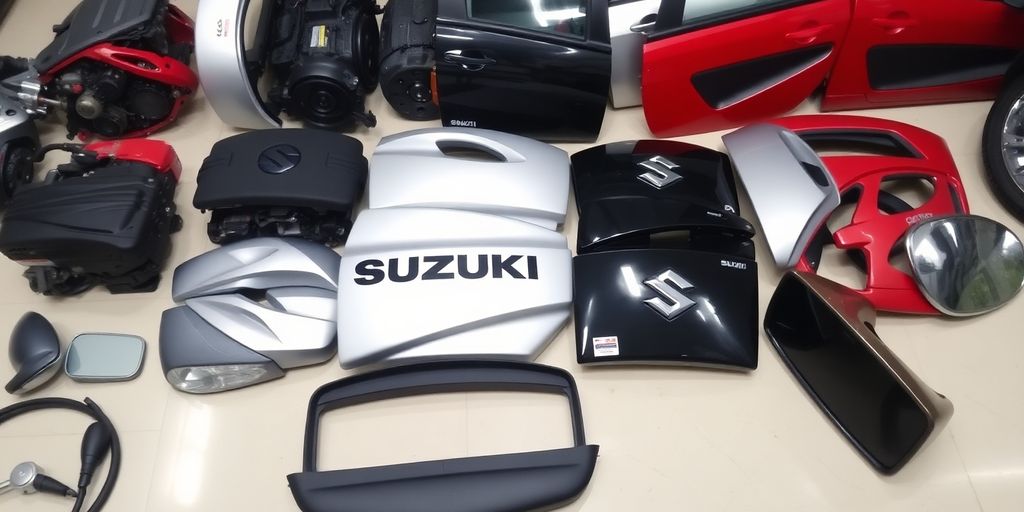 Suzuki car parts laid out neatly.
