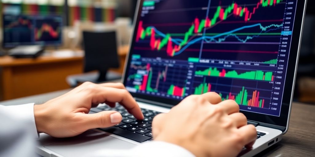 Trader analyzing options trades on a laptop.