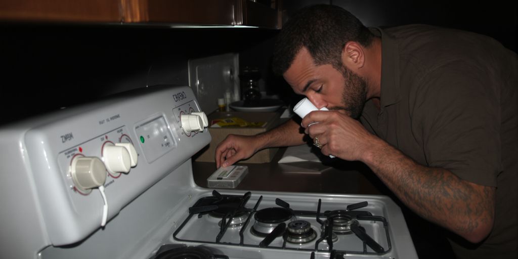 Person smelling air near a gas stove.