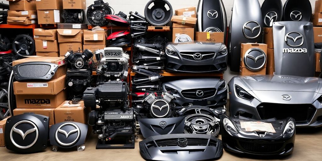Mazda car parts stacked neatly.
