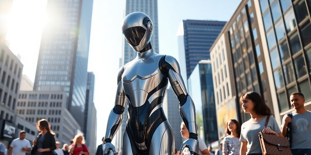 Humanoid robot interacting with diverse humans, city backdrop.