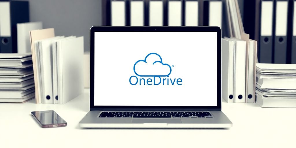 Professional workspace with OneDrive logo and organized files.