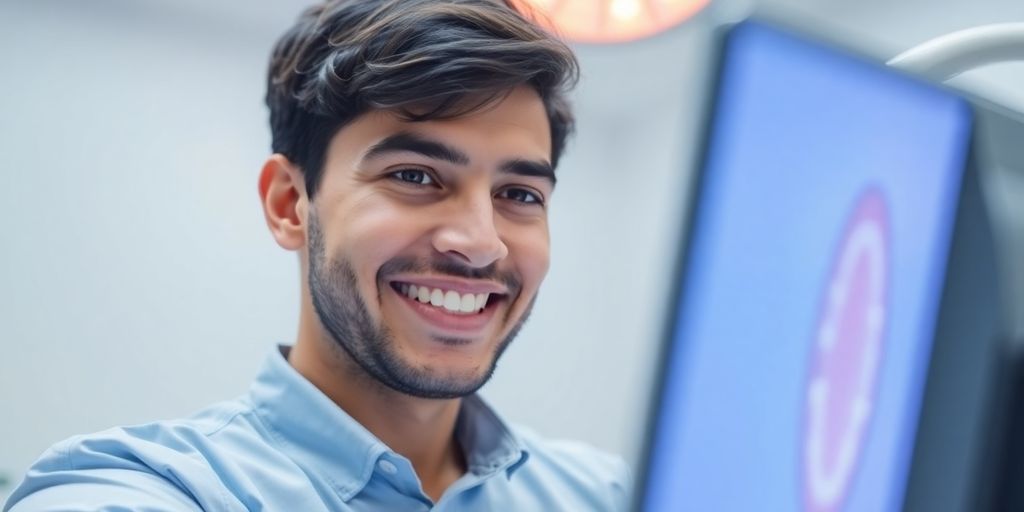 Orthodontist examining patient's smile with AI interface.