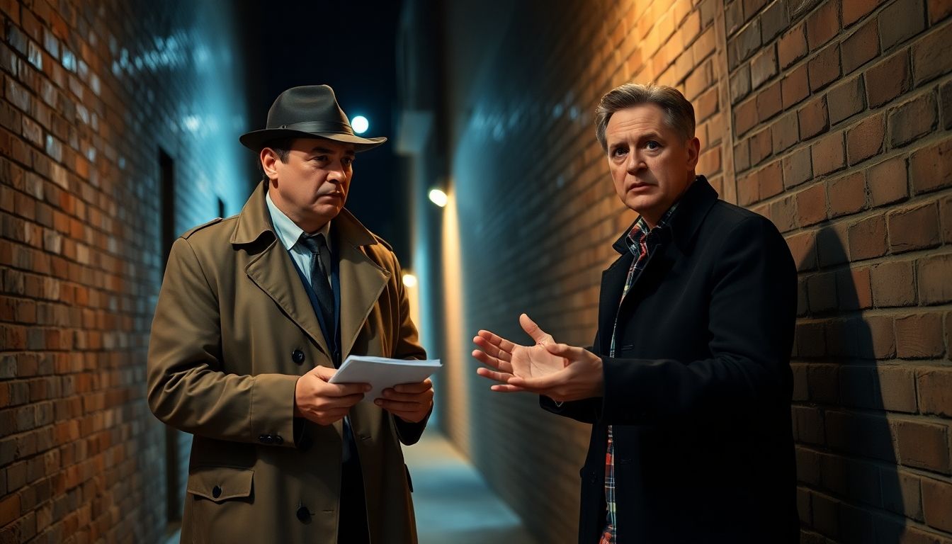 Private investigator interviewing a witness in a dimly lit alley.