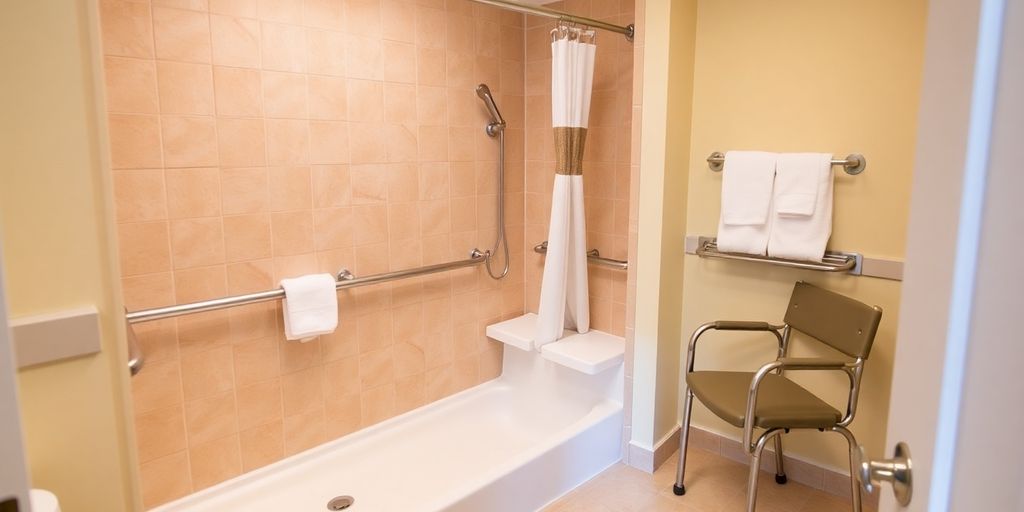 Accessible bathroom with grab bars and walk-in shower.