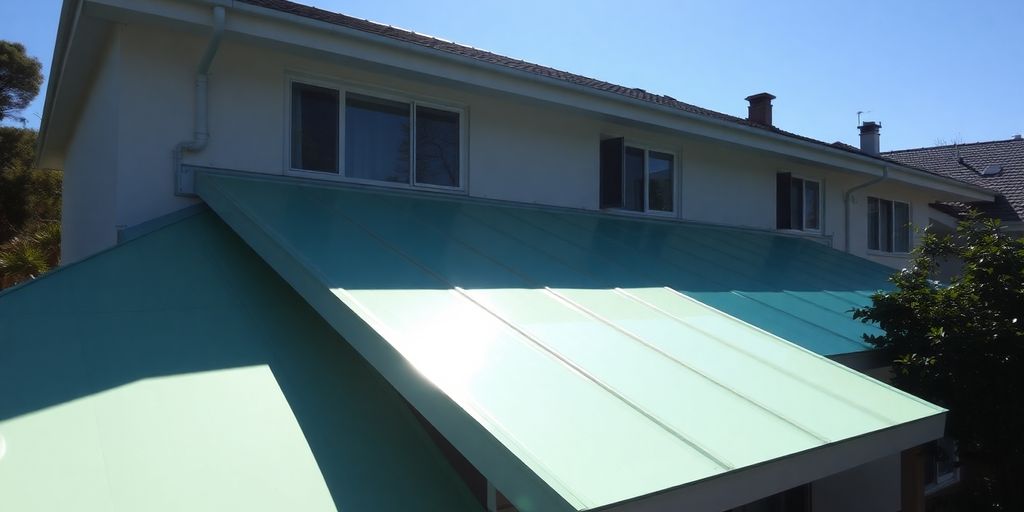 Huis met een koel, reflecterend dak in de zon.