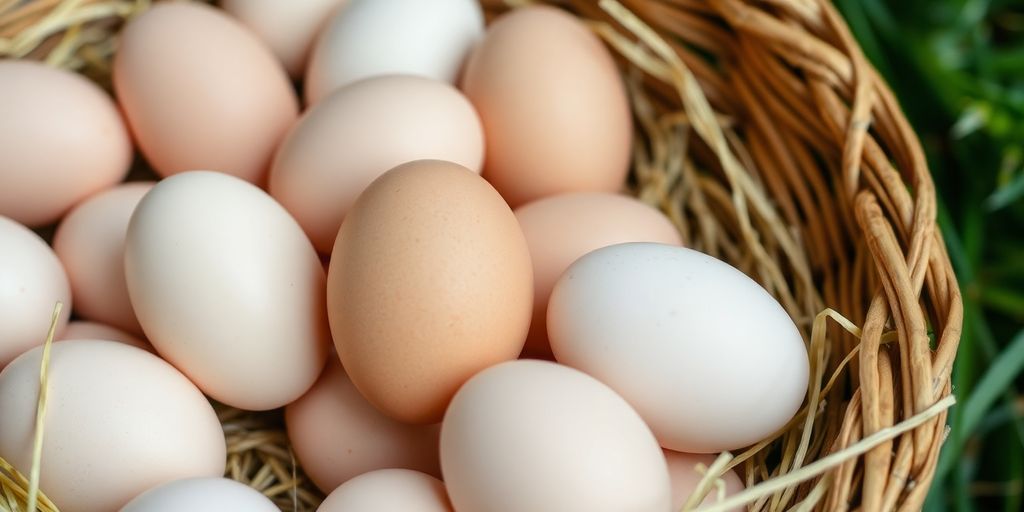 Freshly collected eggs in a rustic basket with hay.