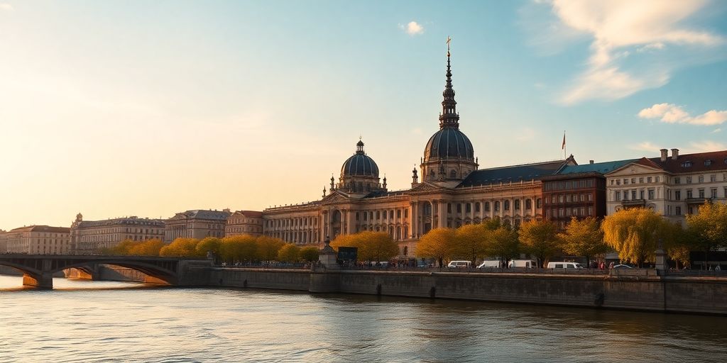 Dresden skyline with Frauenkirche and Elbe River.