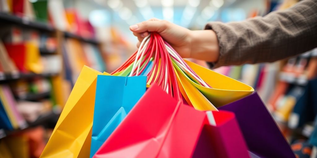 Hand holding multiple shopping bags in a busy store.
