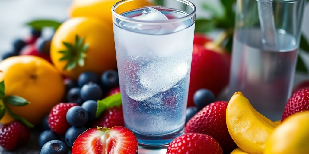 A glass of electrolyte drink with fruits and water bottle.