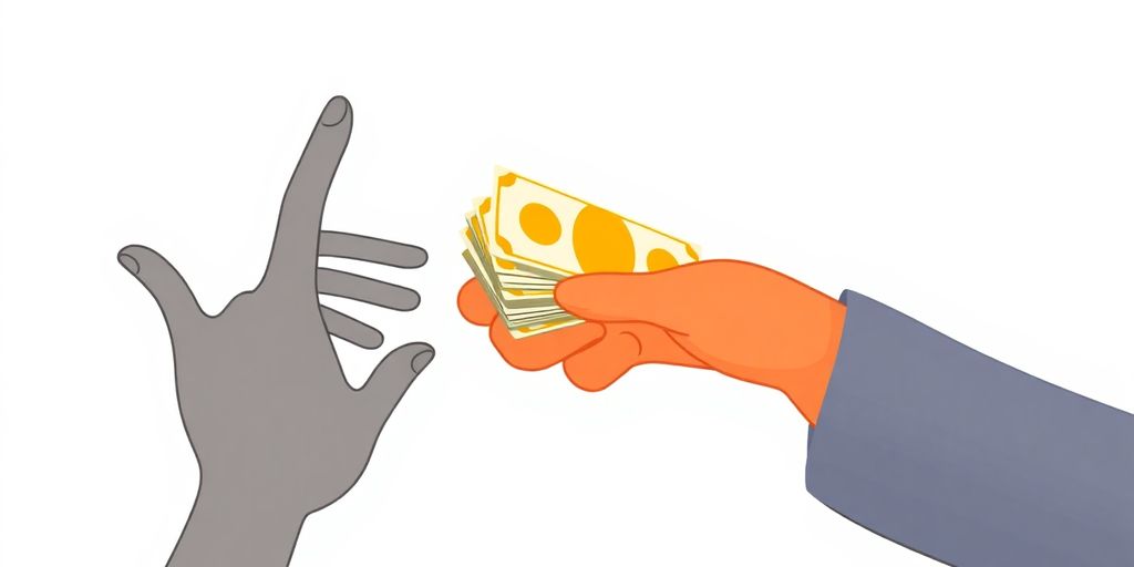Cartoon hands exchanging cash, immediate relief.