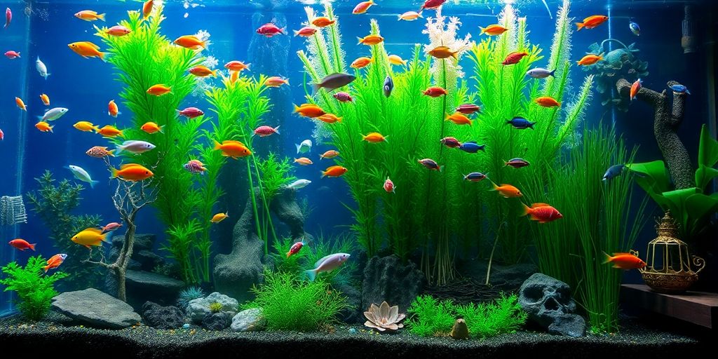 Large aquarium with colorful fish and aquatic plants.