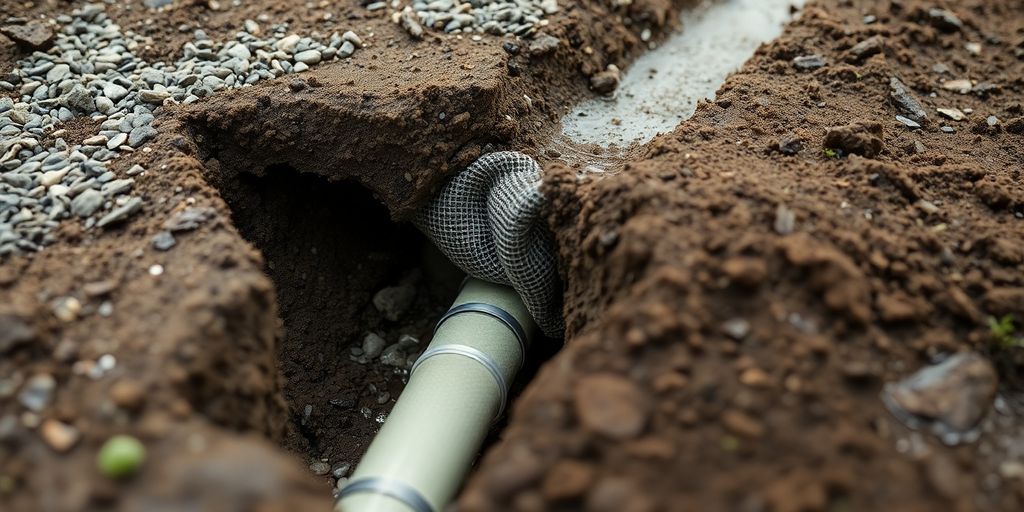 Underground French drain with gravel and pipe.