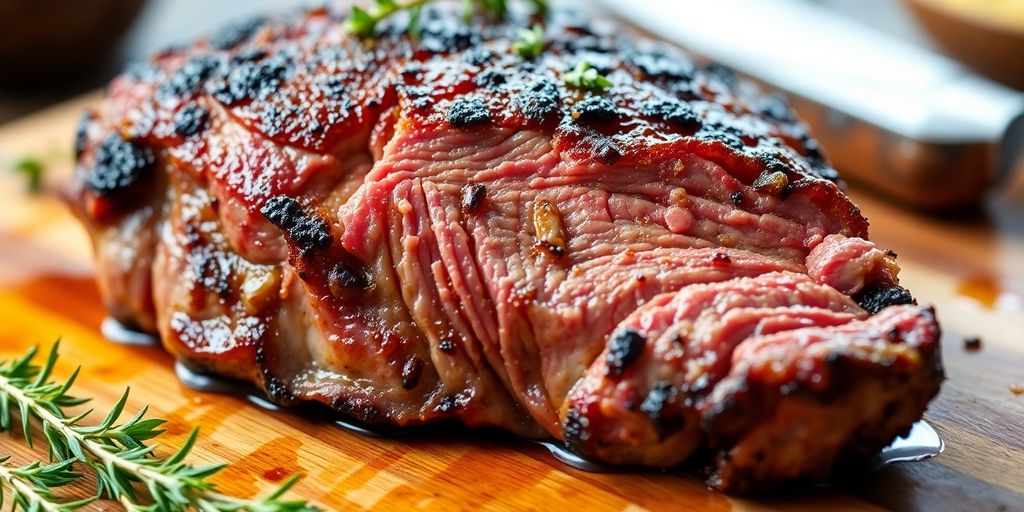 Close-up of seared boneless beef chuck roast on cutting board.
